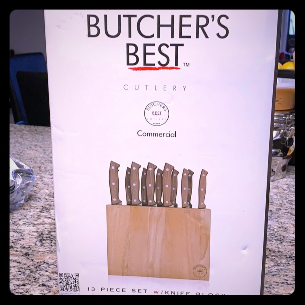 Commercial butcher’s knifes 13 pieces w/block.